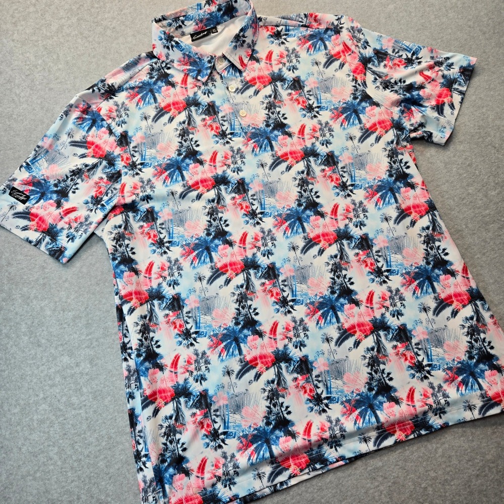Sunday Swagger Mens XL Tropical Palm Tree Floral Golf Polo Shirt Blue Pink XL‎